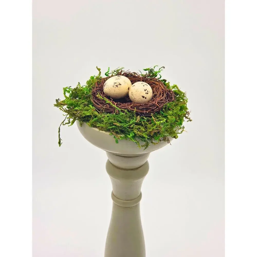 Tall Sage Nest Pedestal • Hand-Painted Wood Eggs, Table Centerpiece